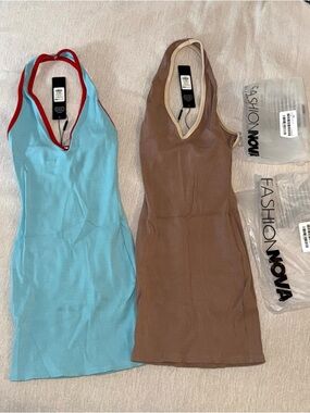 Fashion Nova Blue Mini Dress with Red Trim & Fashion Nova Brown Mini Dress